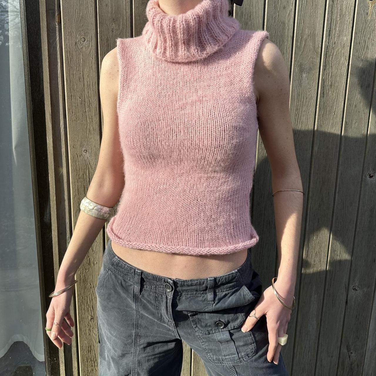 Baby pink knitted roll neck vest top, Fluffy