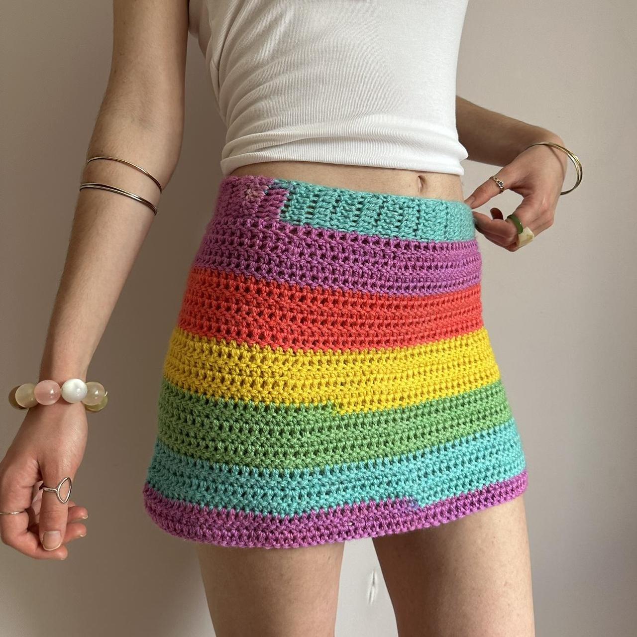 Rainbow striped crochet mini skirt Multicoloured. Depop