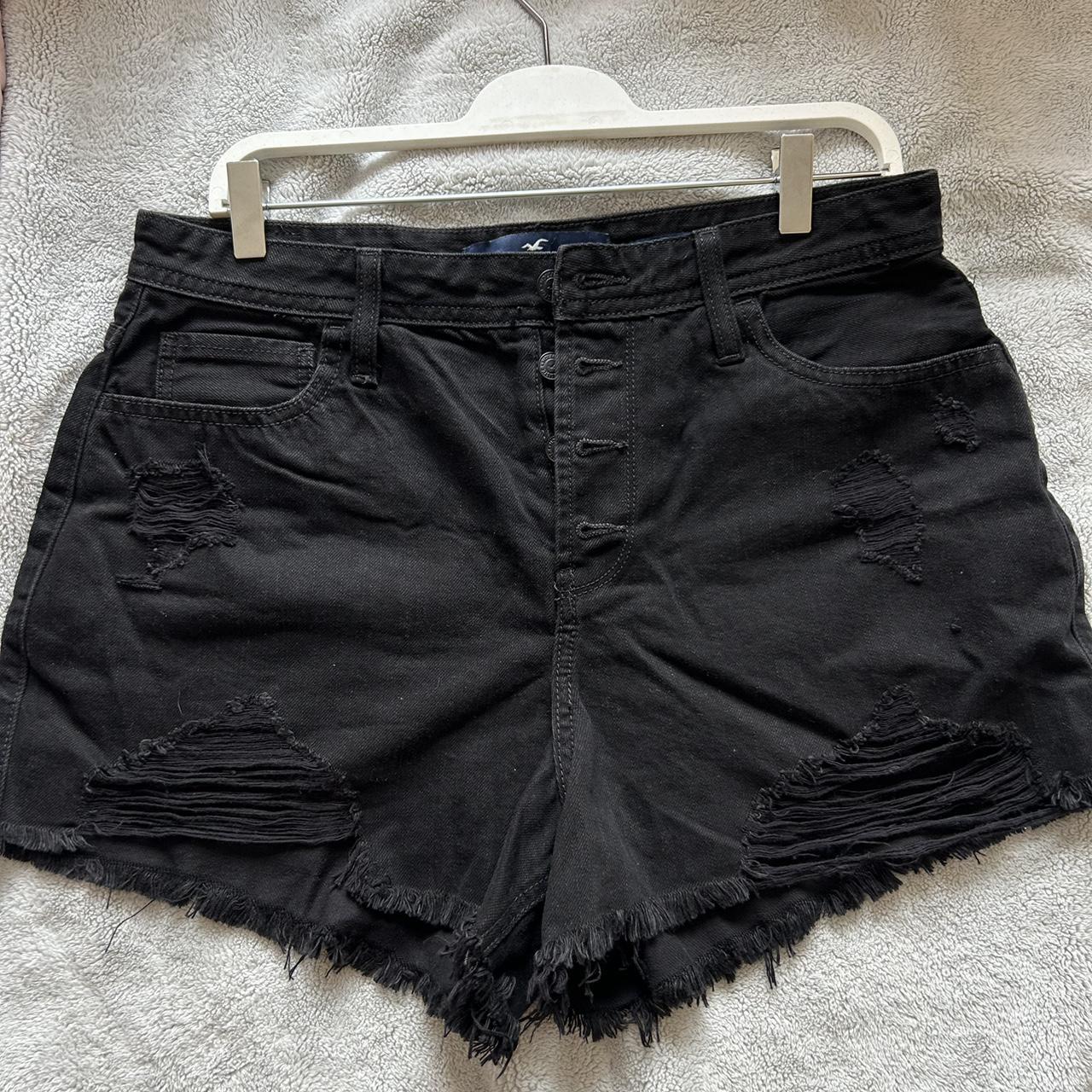 Hollister distressed black denim shorts Size 13. Depop