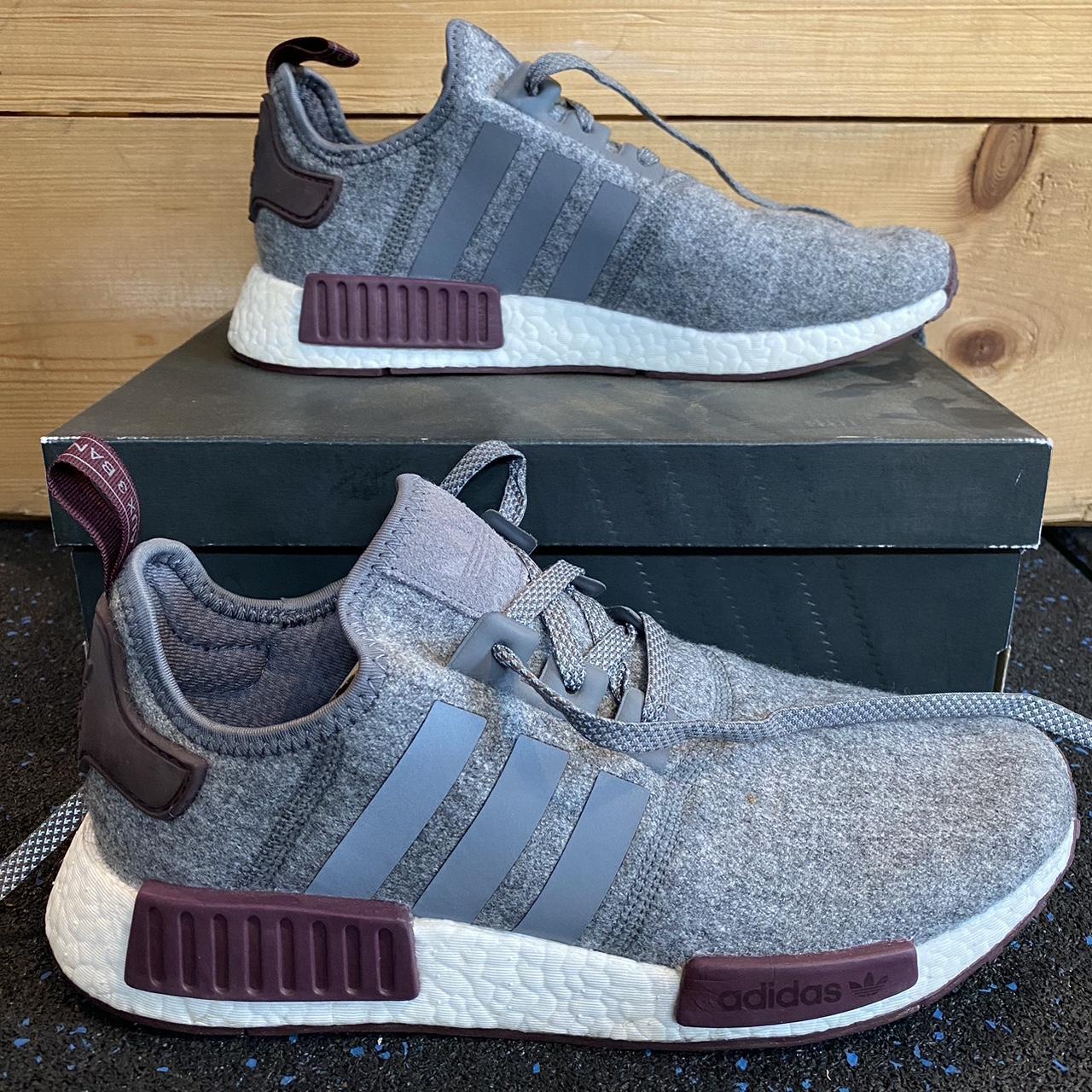 Adidas NMD R1 grey and burgundy trainers. Wool. Depop