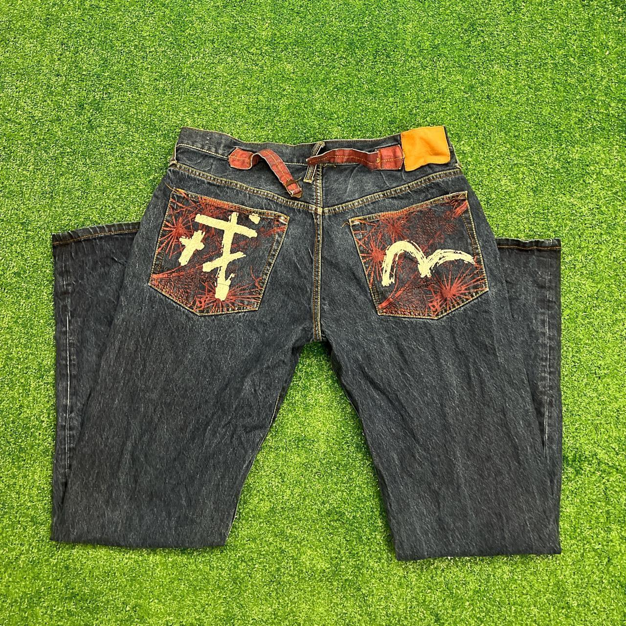 Evisu Men's Blue and White Jeans Depop