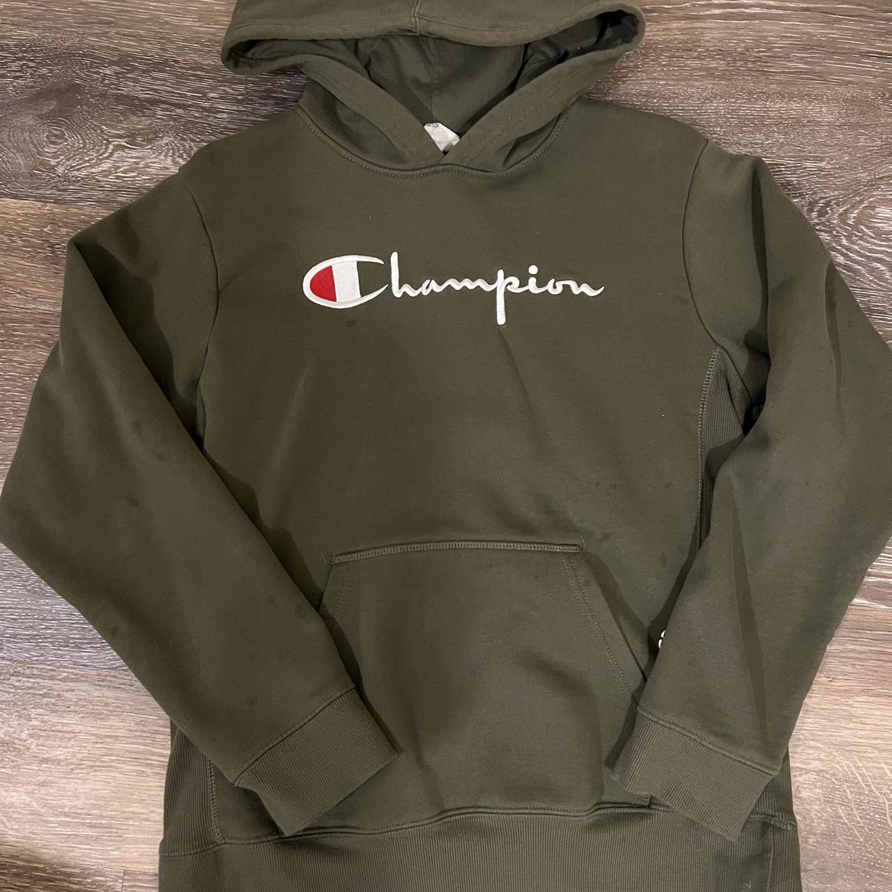 olive green champion hoodie size kids so size s... - Depop