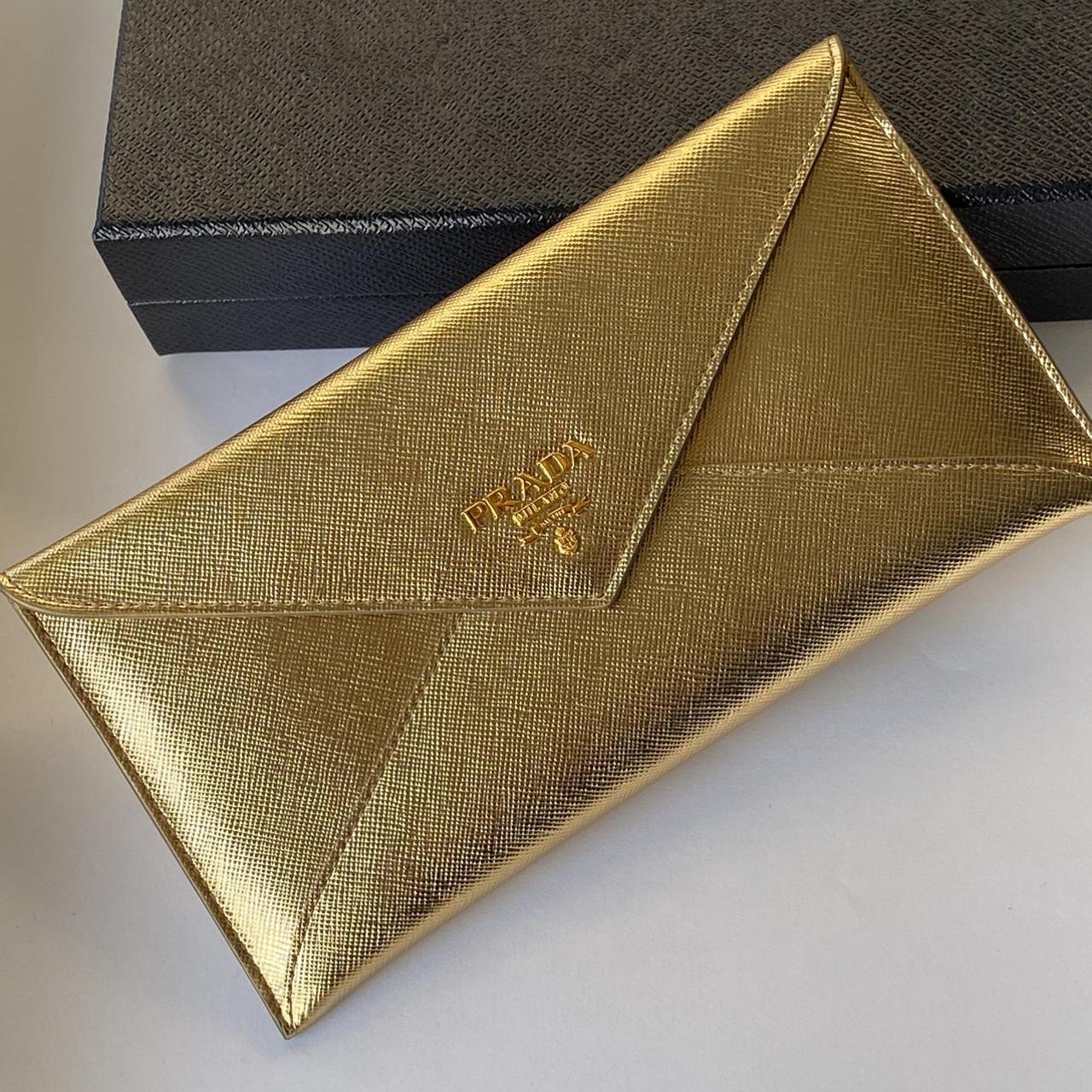 PRADA Saffiano Metal Envelope wallet In Gold Leather. Depop