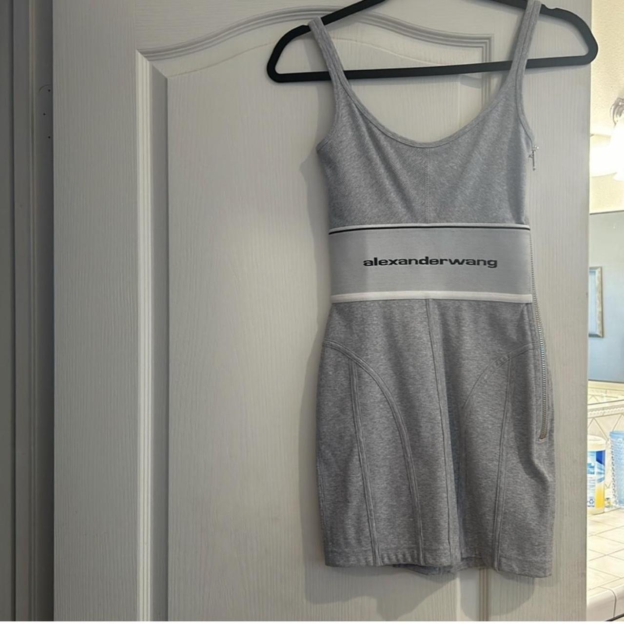 ワンピース Alexander Wang Dark grey stretch polyester mini dress Alexander Wang Gray Mini Dress rib w/ logo elastic | Depop