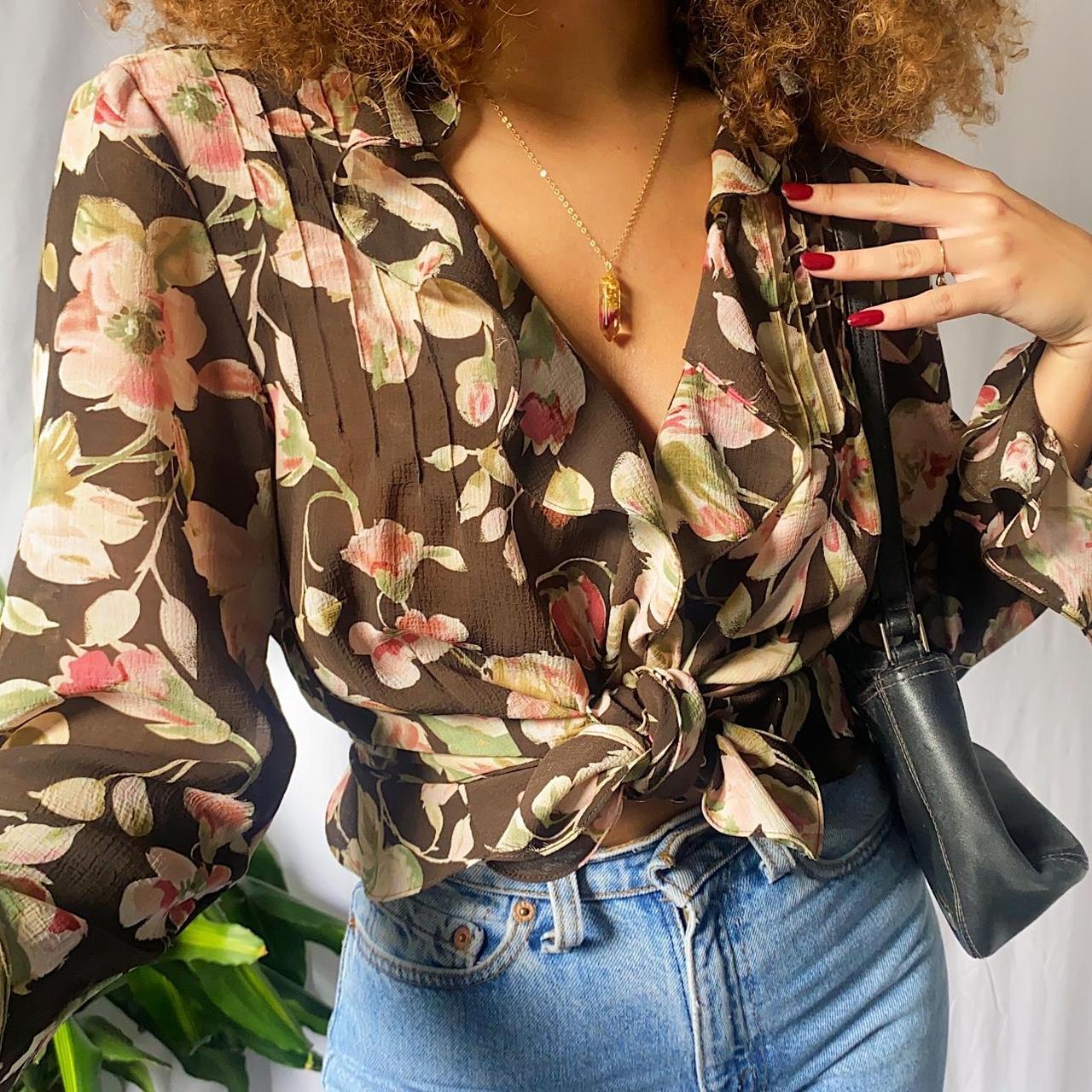 Brown Floral Longsleeve Button Down 💐 The most... - Depop