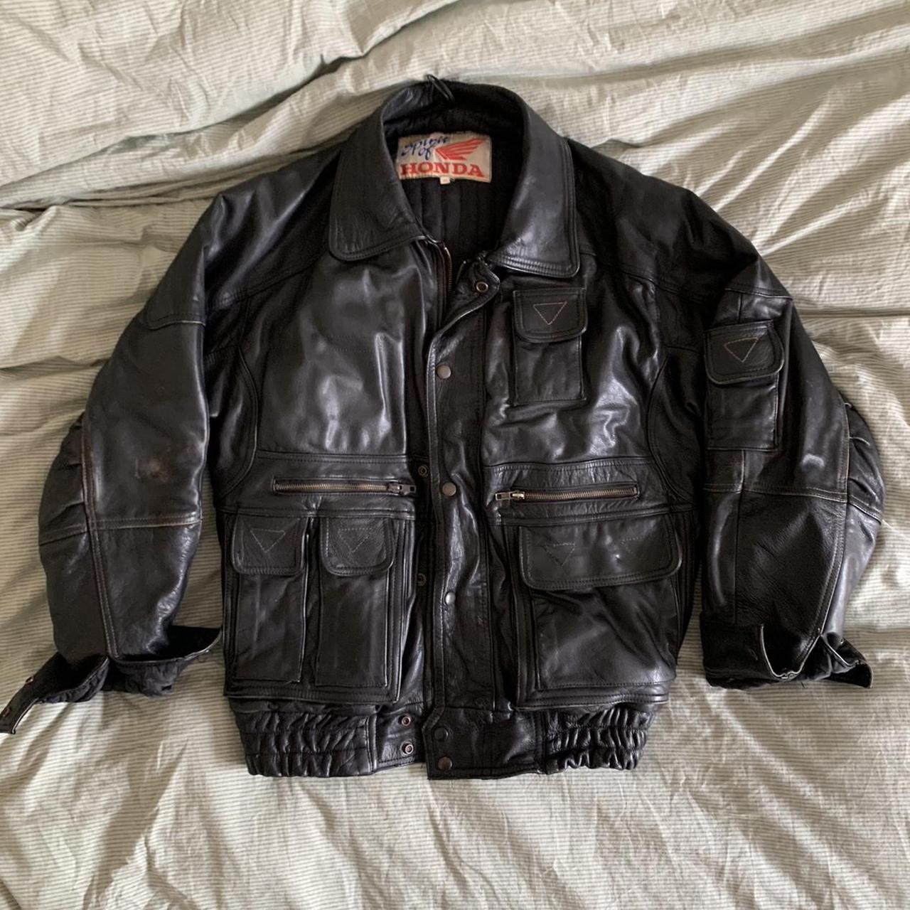 Vintage Honda black leather biking jacket. Utility... - Depop