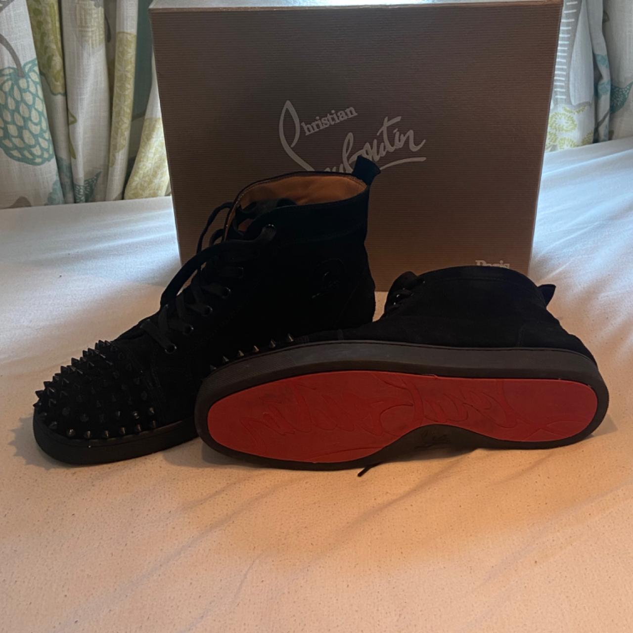 Men’s Louboutin black suede boots with spiked toe... - Depop