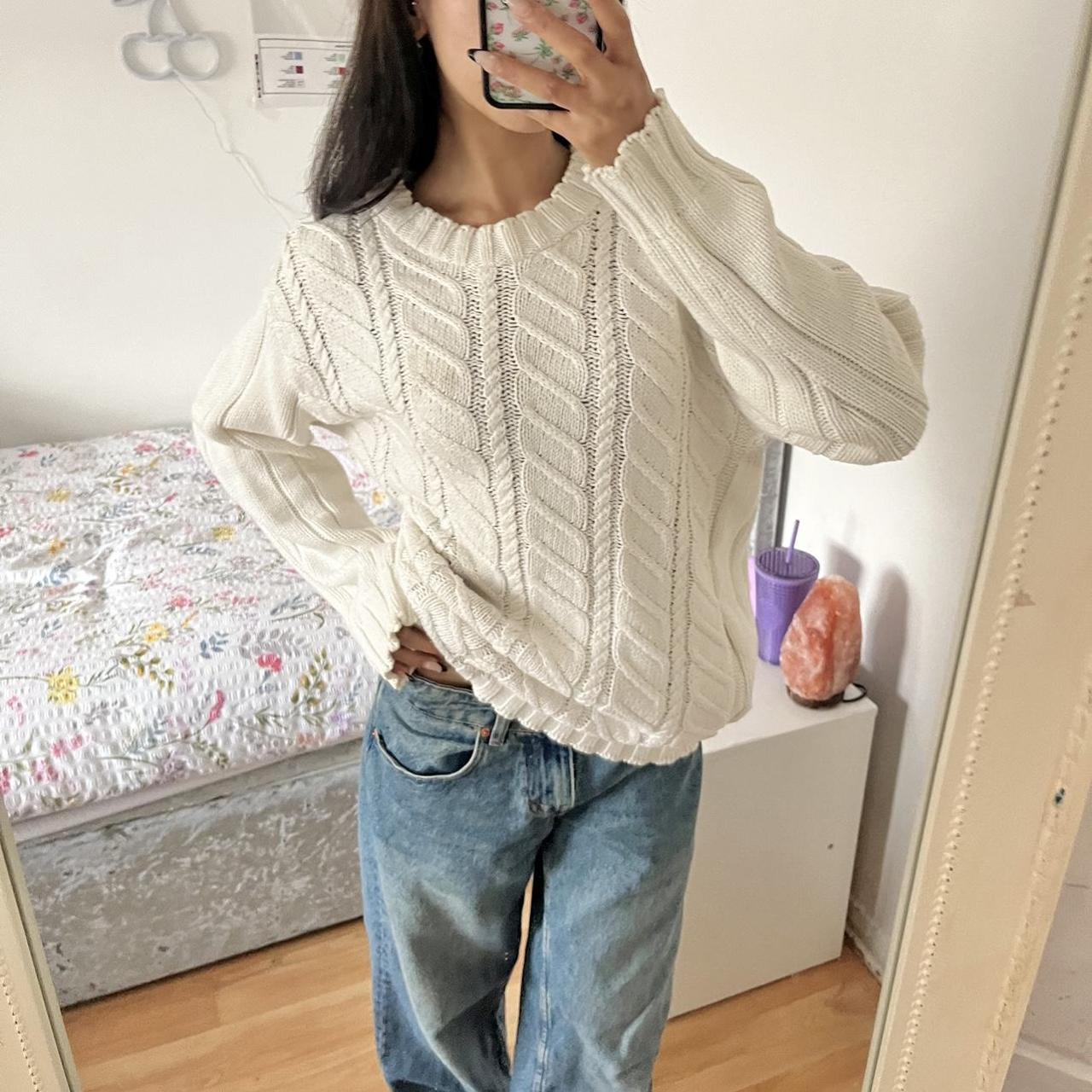 vintage white cable knit jumper cute oversized... - Depop