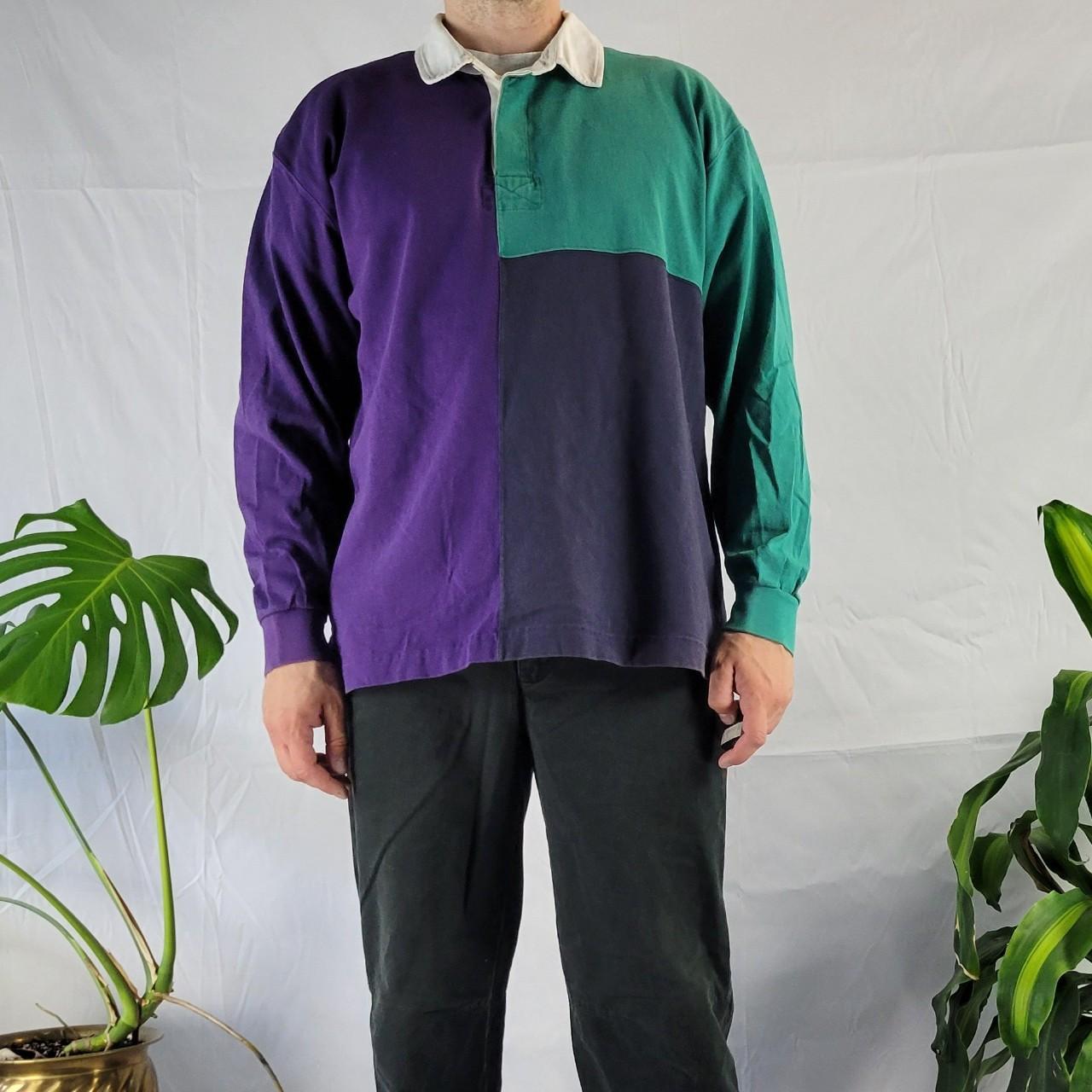 Purple and green polo sales shirt