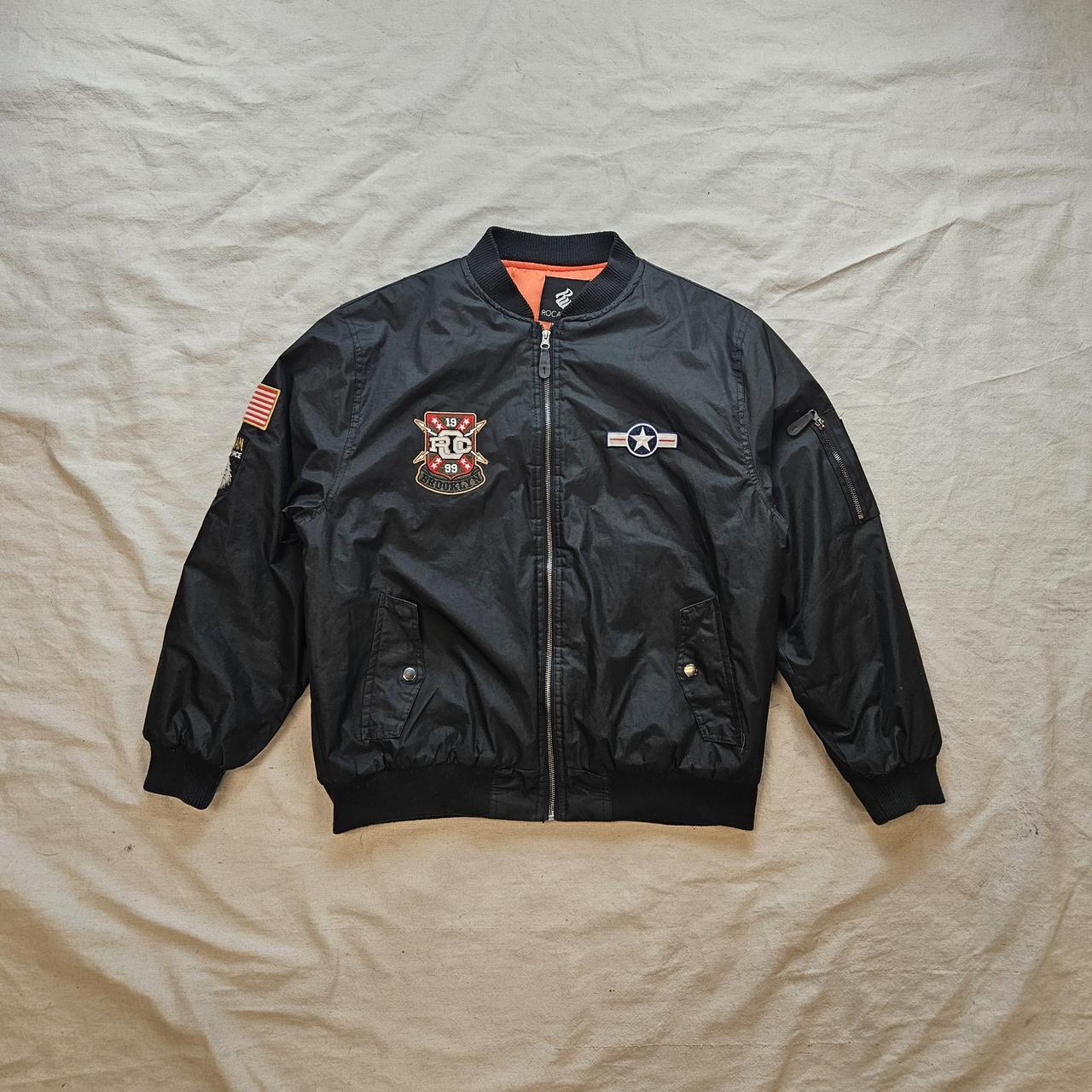 RocaWear Bomber Moto Jacket Y2K Retro online Black Mens 44 Denim Jean Flag Stars 44