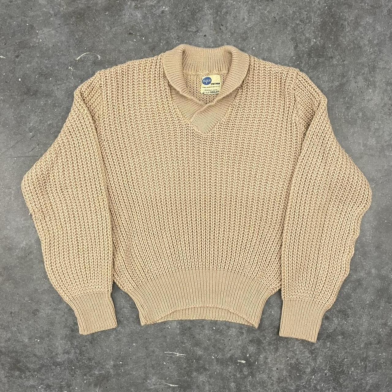 Vintage shawl collar tan knit sweater 50s... - Depop