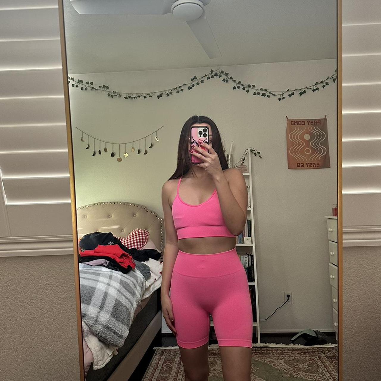 Hot pink workout set comes with sports bra & shorts - Depop