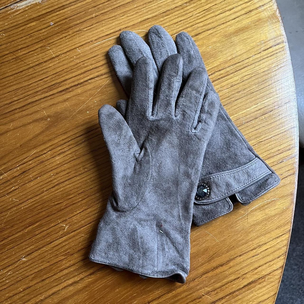 Grey suede gloves with jewel detail on wrist. Very... - Depop