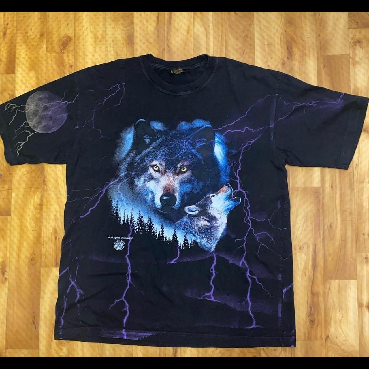 Vintage 90's Planet Earth Wolf and Lightening All... - Depop