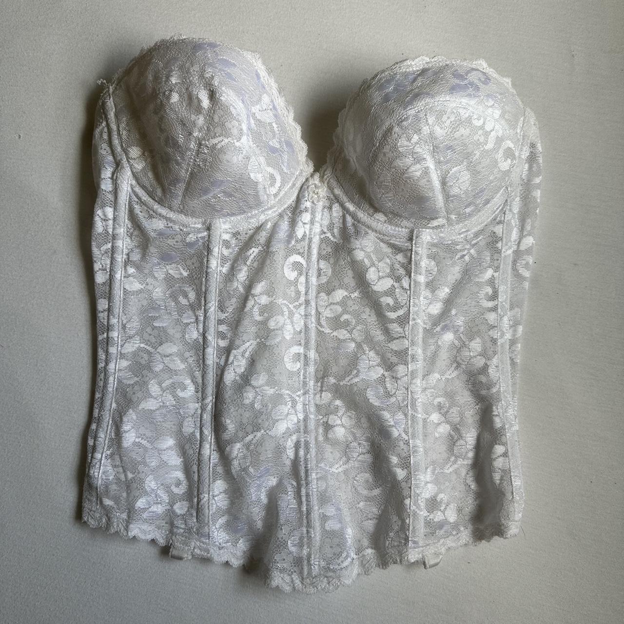 white lace corset with lace flower plunging low... - Depop