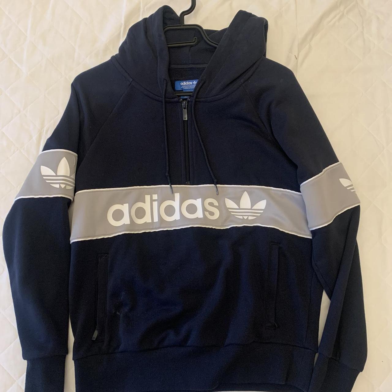 Navy blue and grey adidas hooded sweatshirt with a... - Depop