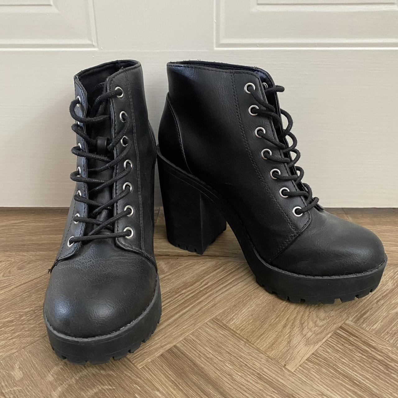 H&M black leather lace up boots, 3 inch chunky heel,... - Depop