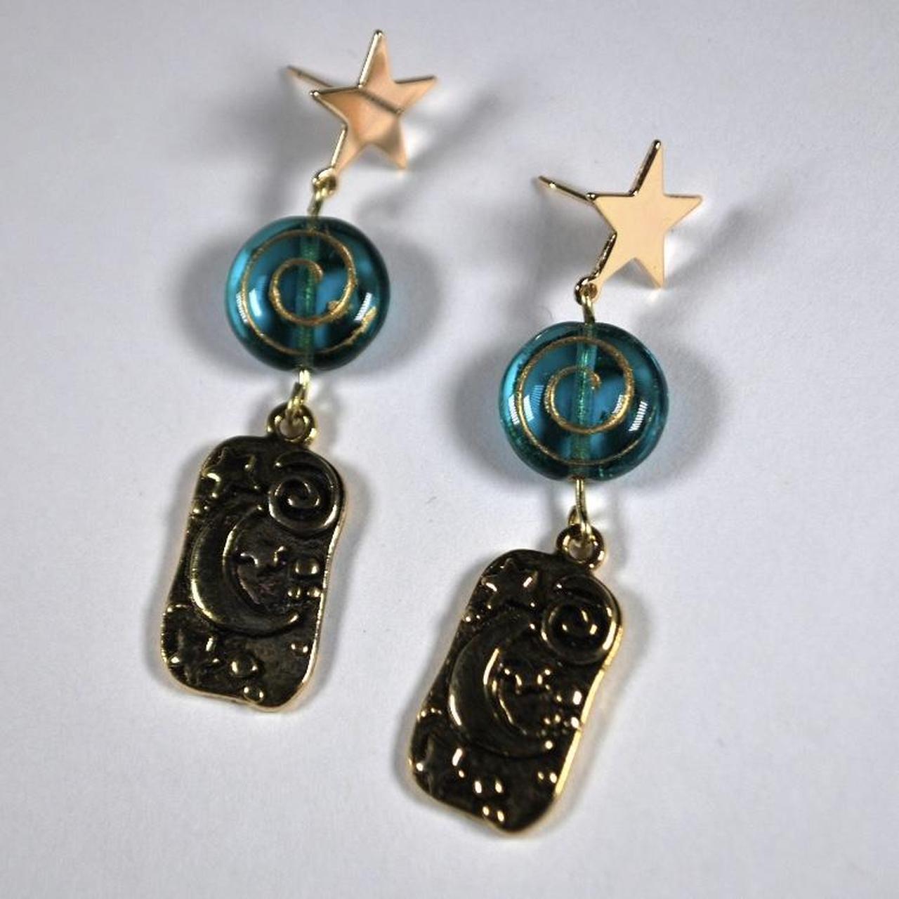 Teal moon and star gold whimsygoth earrings These... - Depop