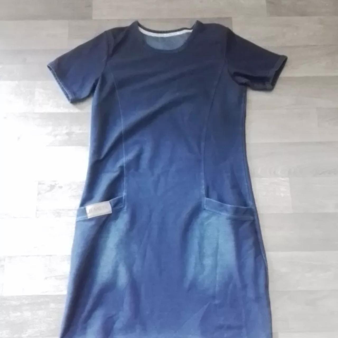 Dark Blue AVON Jeanetic Stretch Jersey Denim Dress. Depop