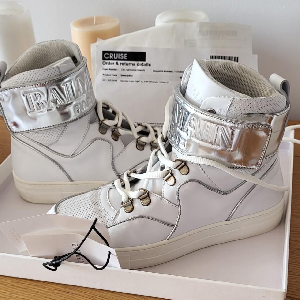 Balmain white leather hightop sneakers with silver... - Depop