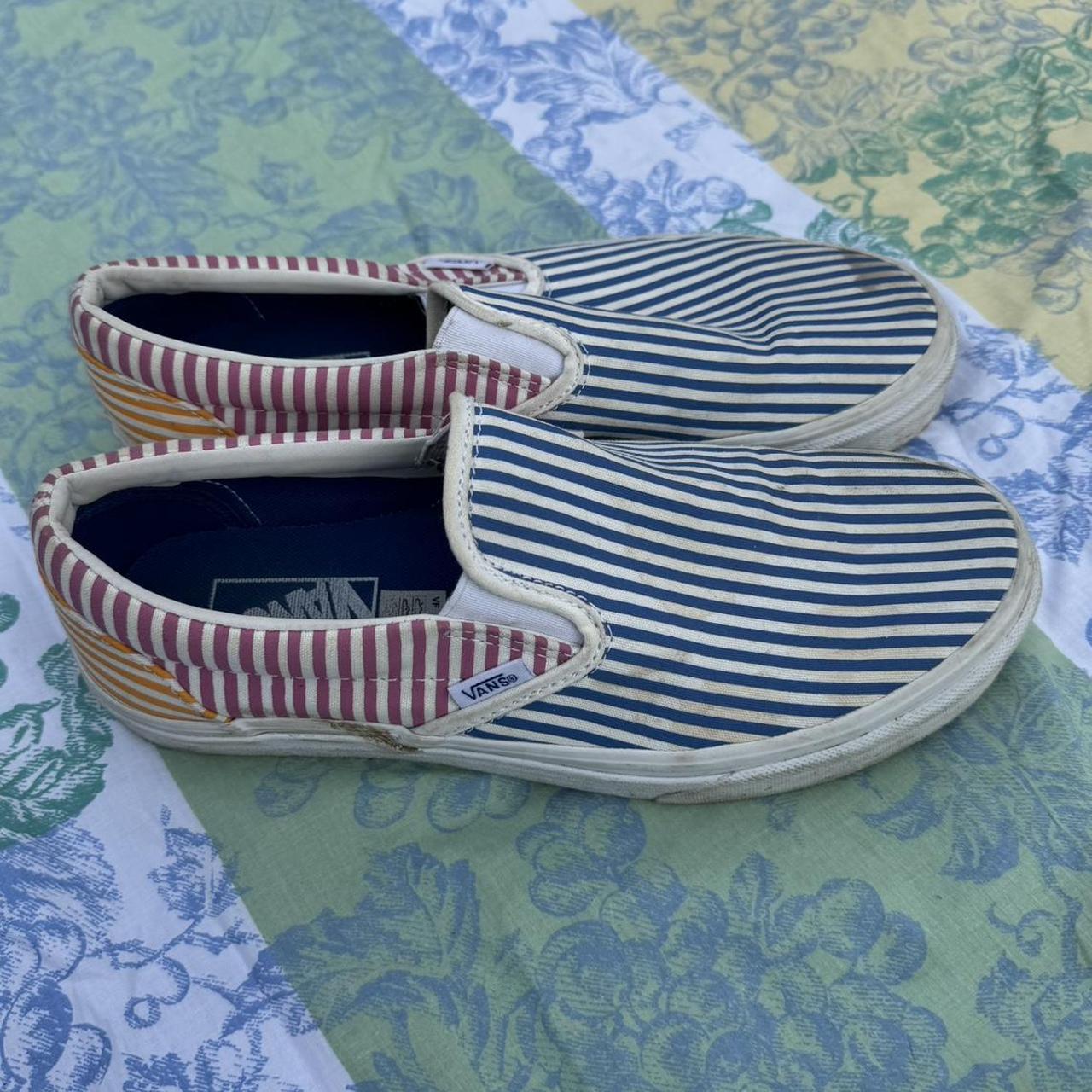 Color block striped Vans slip ons in blue yellow and. Depop