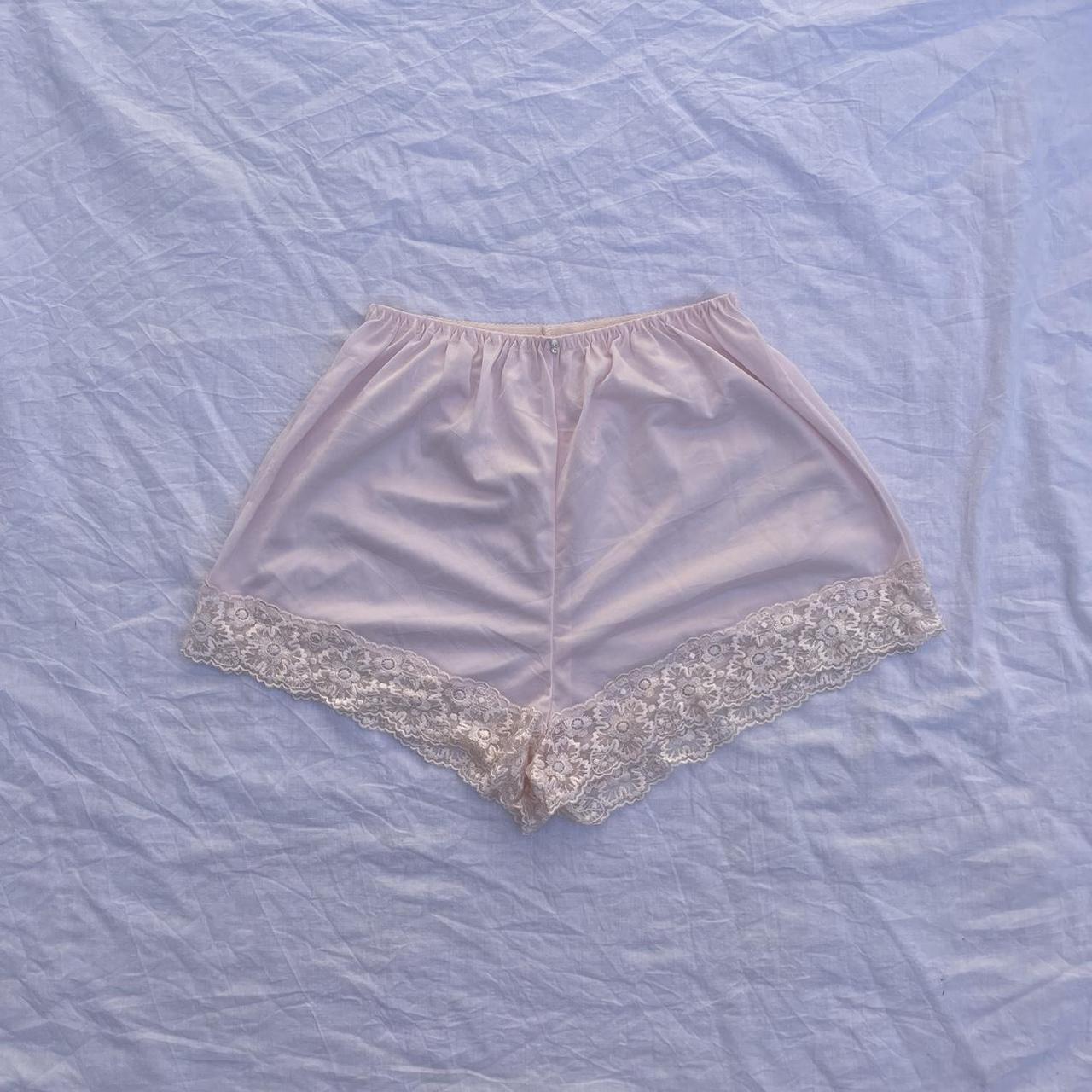 Vintage pink satin mini shorts with lace trim Size... - Depop