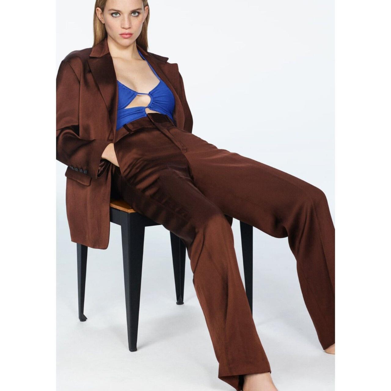 zara brown chocolate satin linen shiny suit blazer