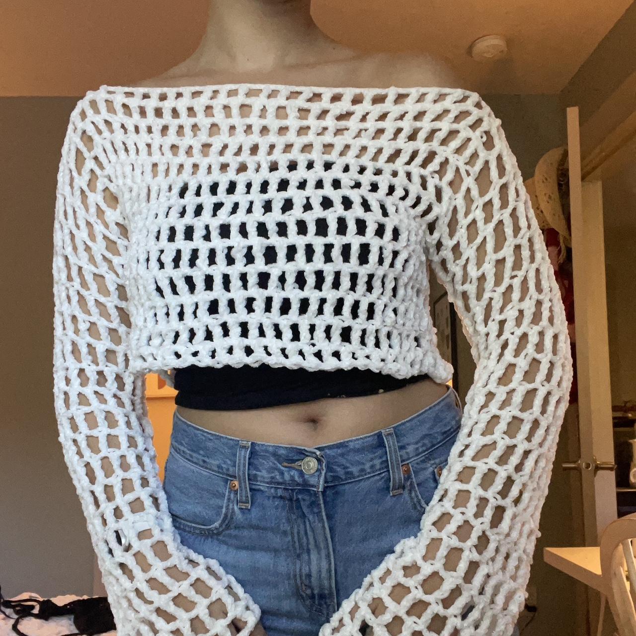 White chunky mesh crochet long sleeve Arm length:... - Depop