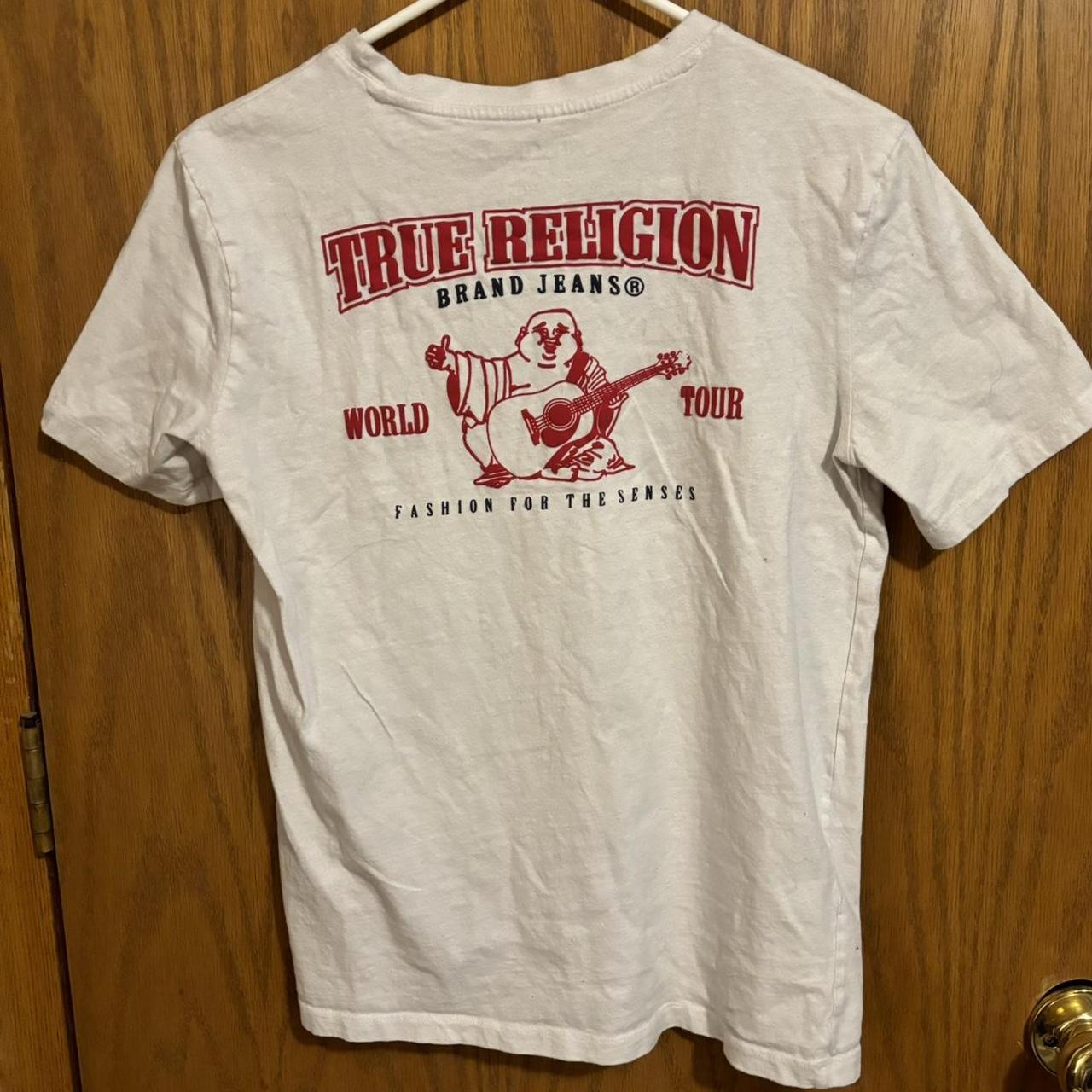 white true religion graphic tee fits like a size... - Depop