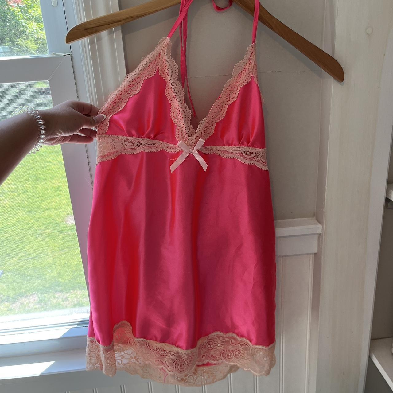 Pink Lace Babydoll Slip Dress Fits m /s Open back... - Depop
