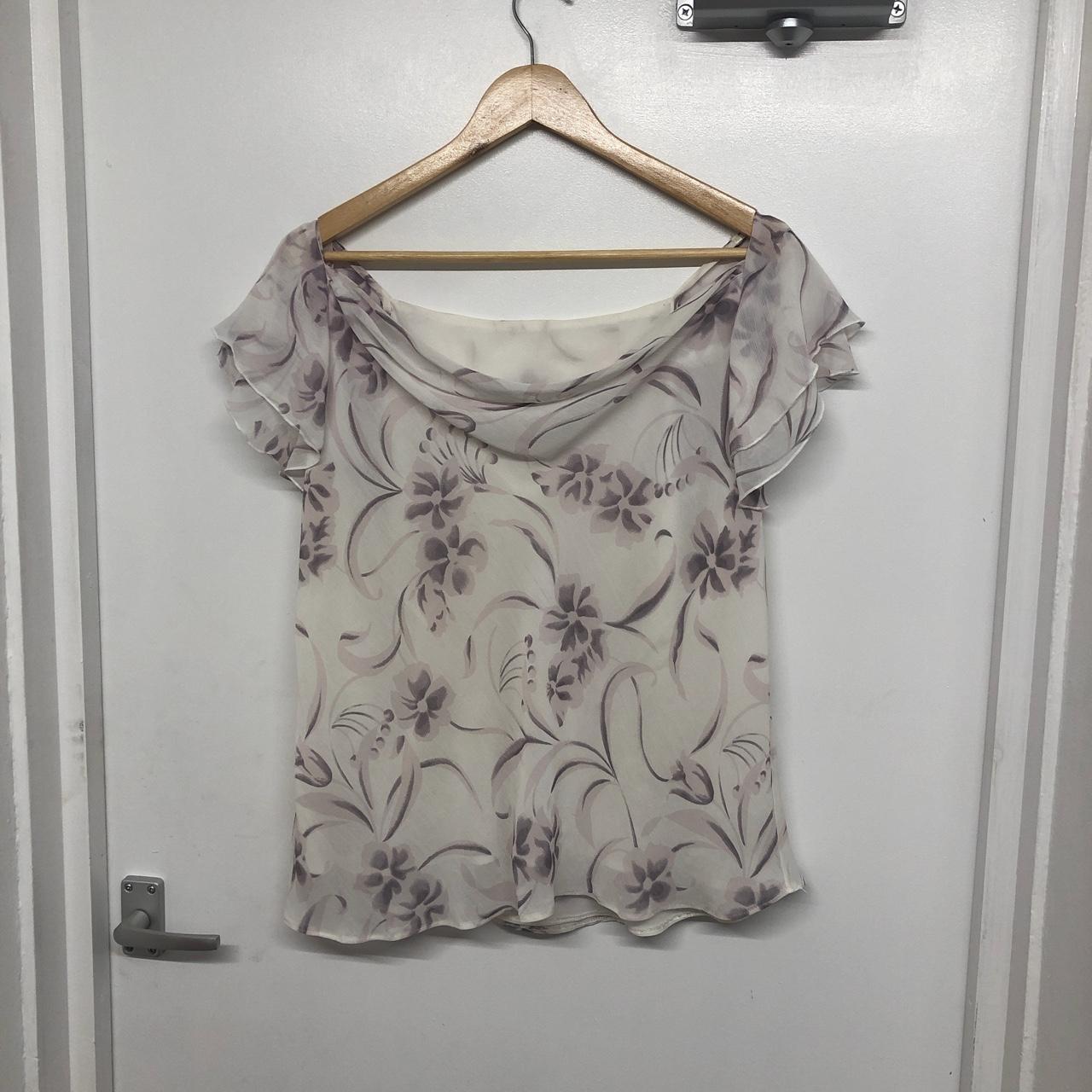Fairycore top in white and purple floral... - Depop