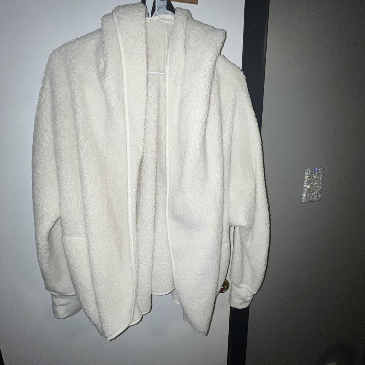 white fuzzy fashion nova cardigan/robe -size large... - Depop