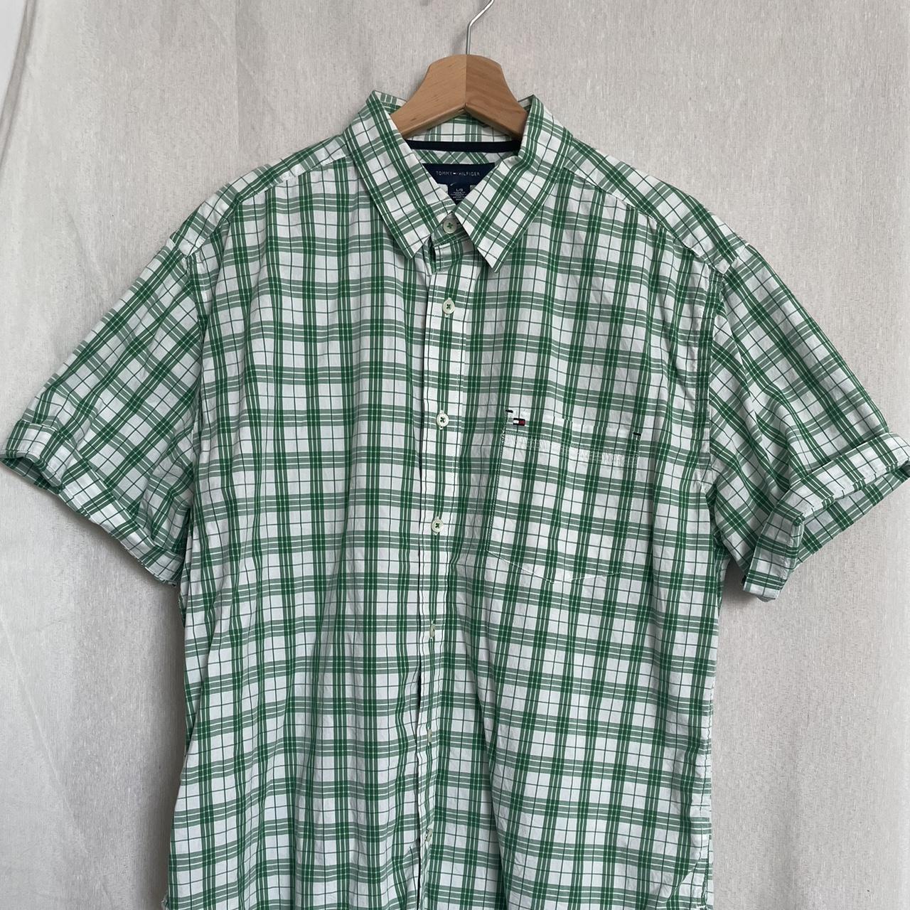 Tommy Hilfiger white and green checked shirt. Fits... - Depop