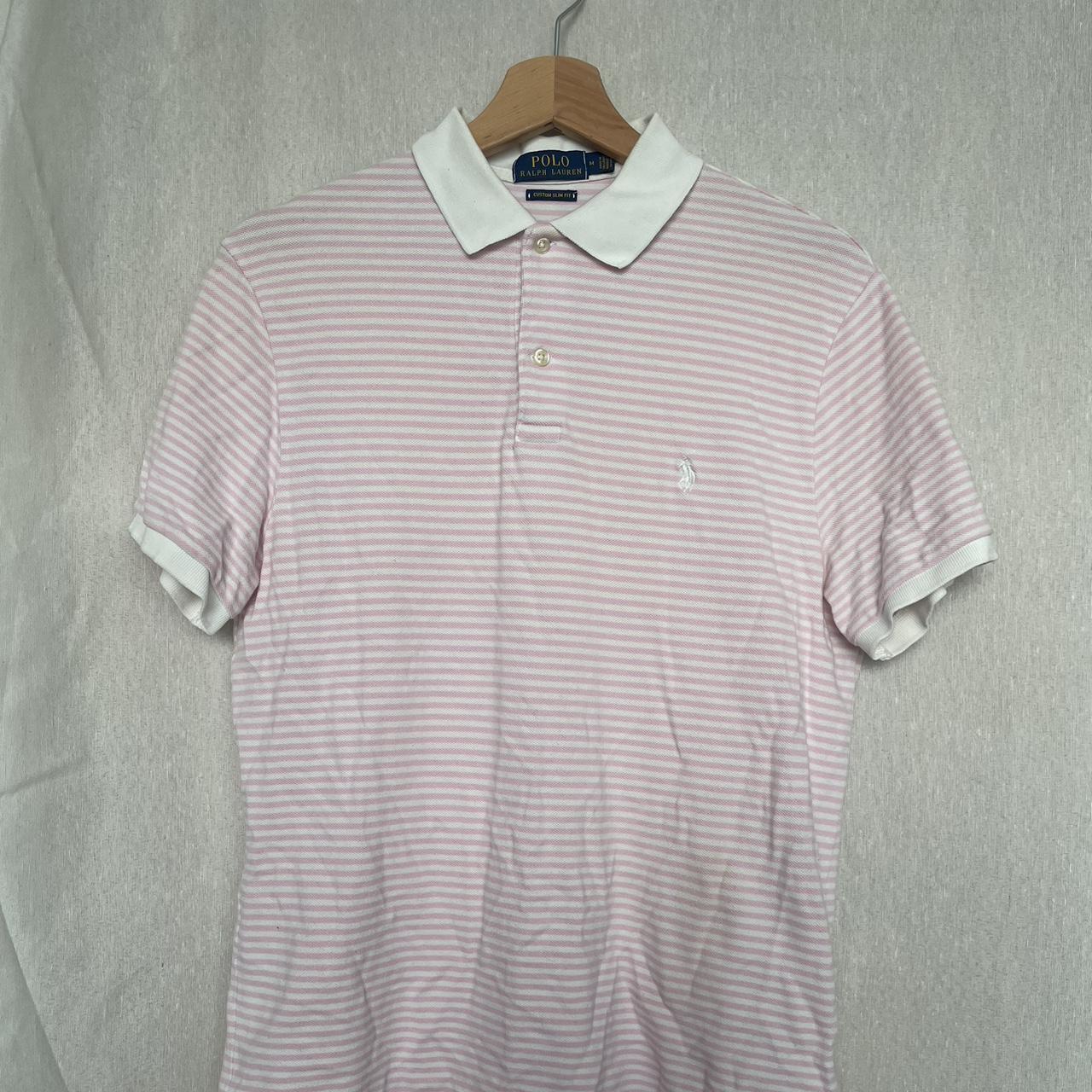 Ralph Lauren pink and white striped polo shirt. Fits... - Depop