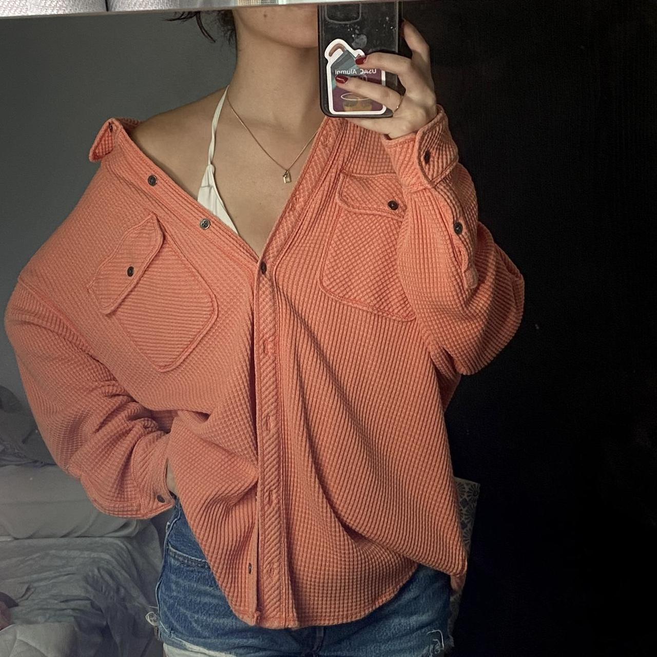 Aerie coral waffle knit button up XXS oversized Depop