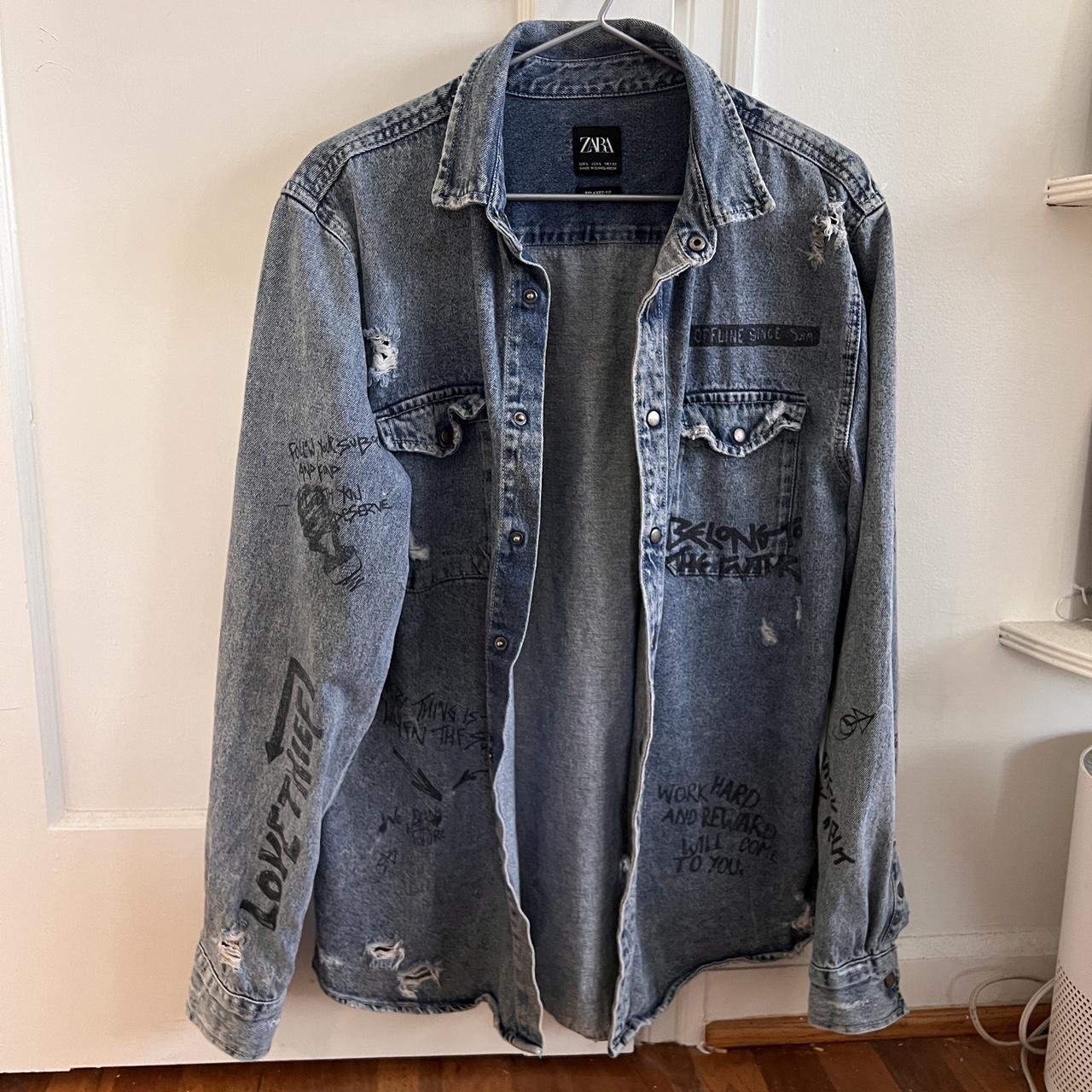 mens zara printed denim jean jacket lightly