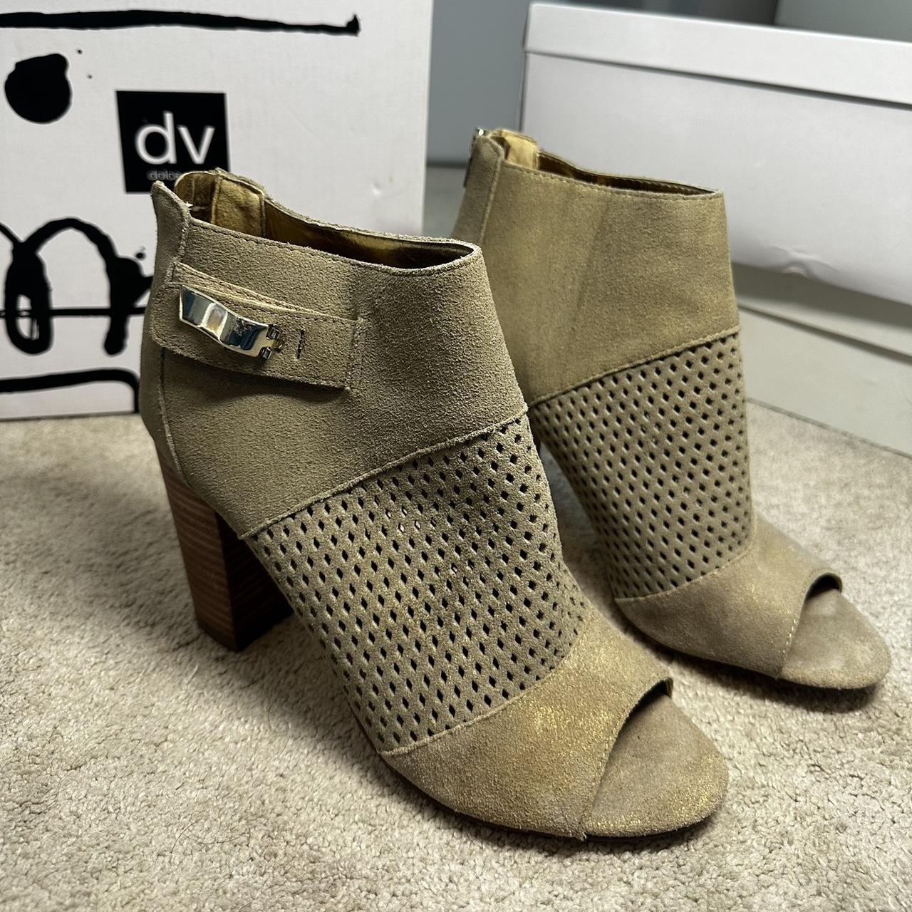 Dolce Vita Nude/Metallic Gold Peep-Toe Suede Ankle... - Depop