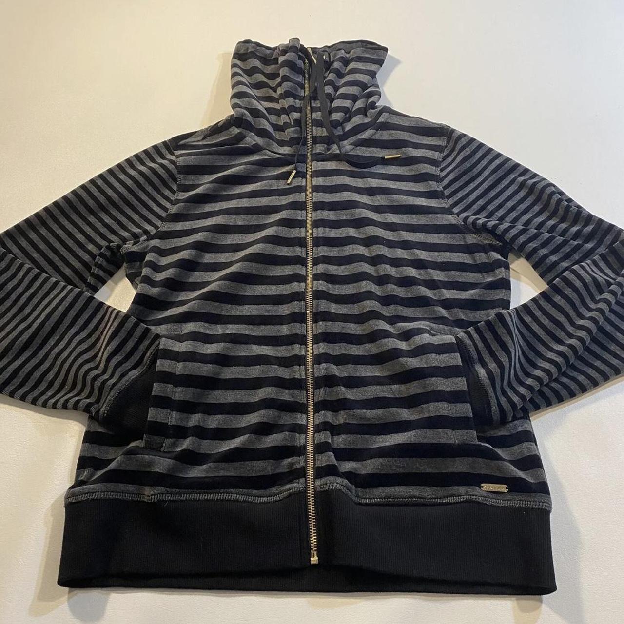 emo black and gray striped velour zip up jacket -... - Depop