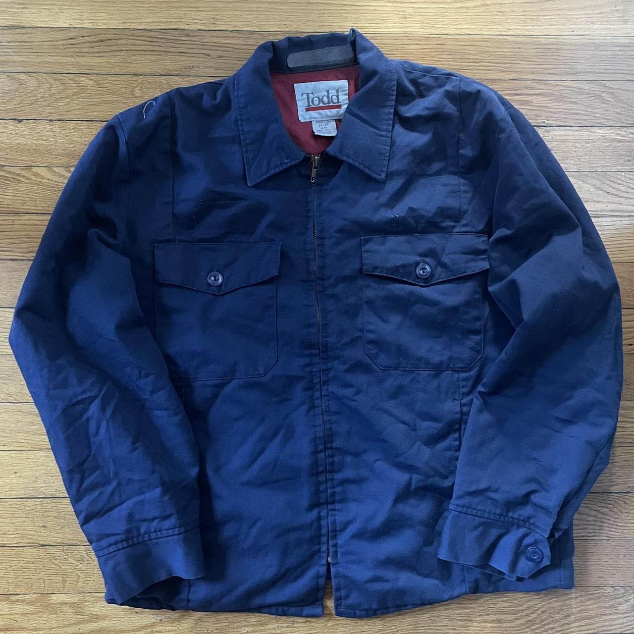 Navy dickies style vintage work mechanic jacket... - Depop