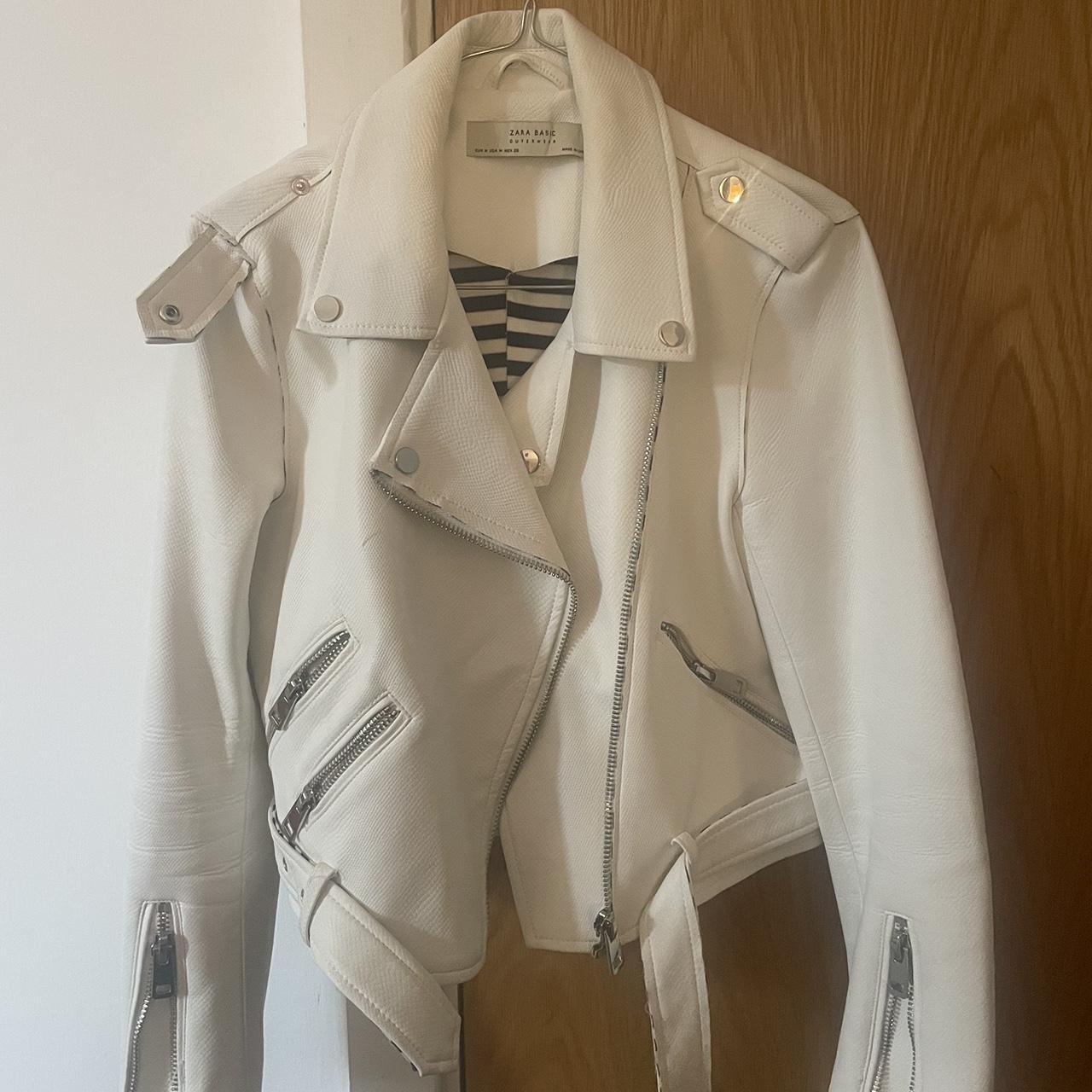 Zara white leather jacket #bomber #biker #leather... - Depop