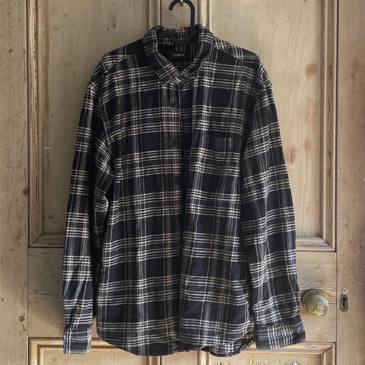 Pull&Bear loose fitting flannel shirt in black and... - Depop