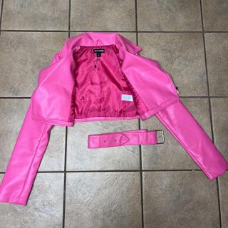 Pink Faux Leather Super Cropped Belted Biker Jacket