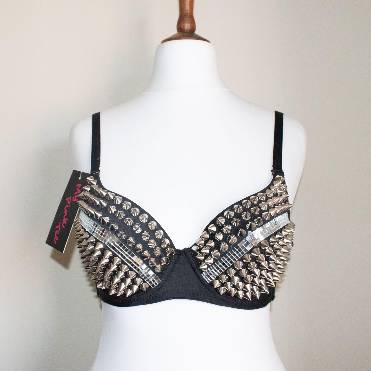 Studded bra, Spikey black bra top with silver metal
