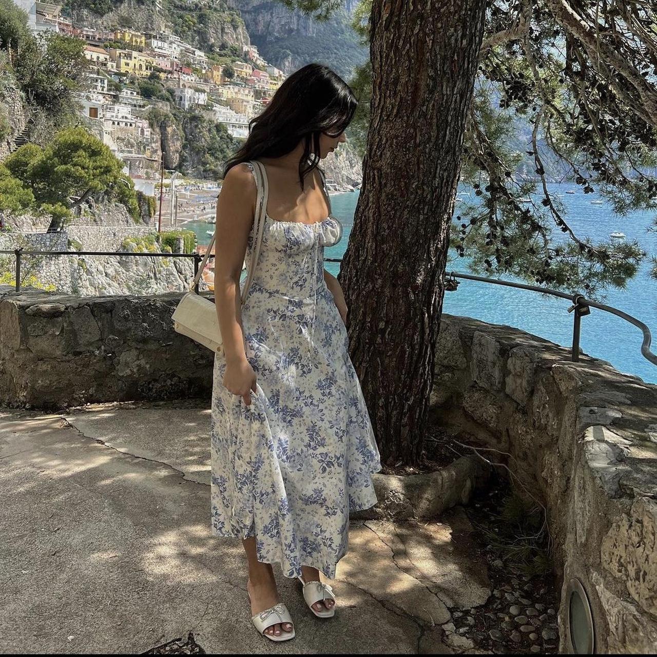 House of CB Women's White and Blue Dress Depop