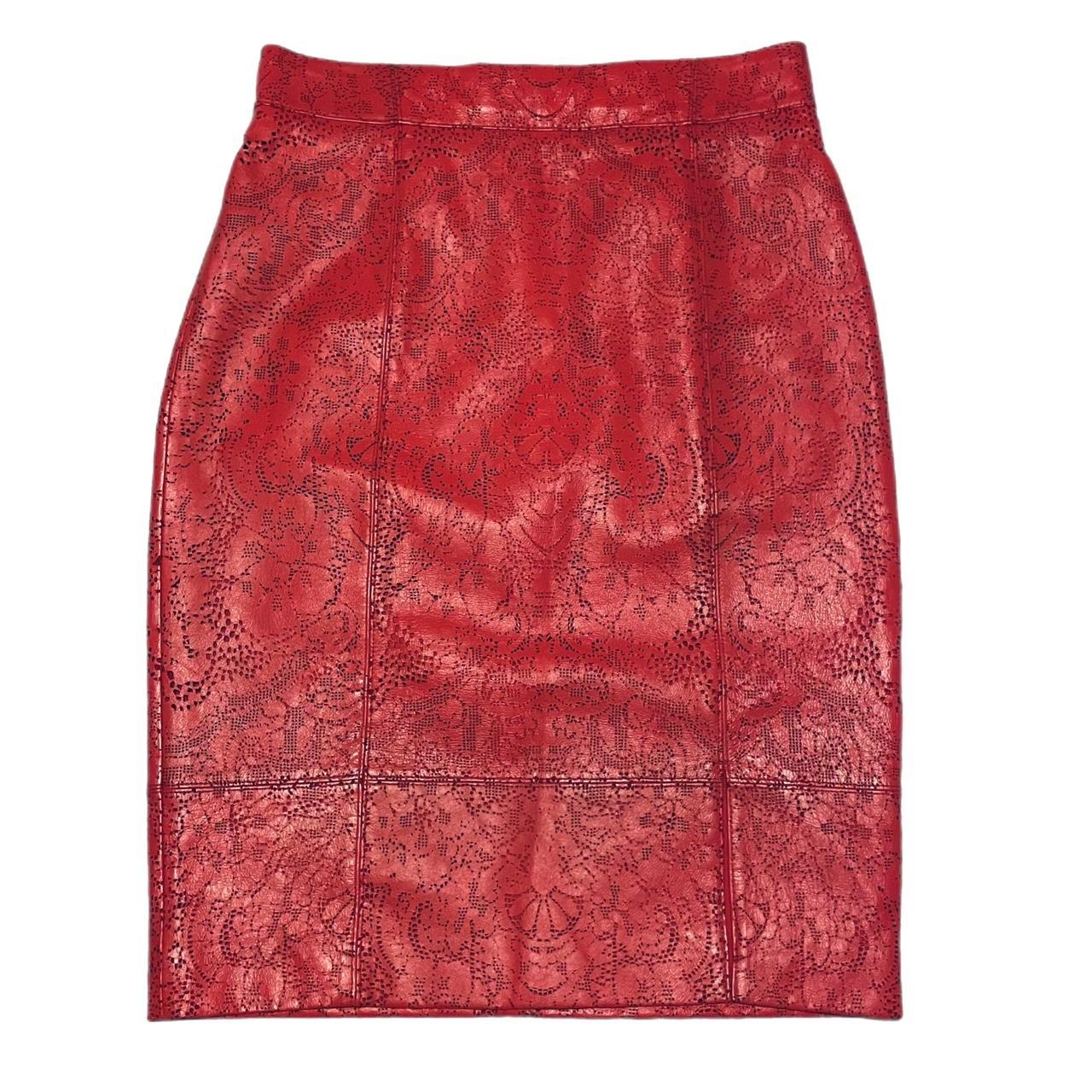 Red Leather Pencil Skirt With Floral Detailing This Depop 