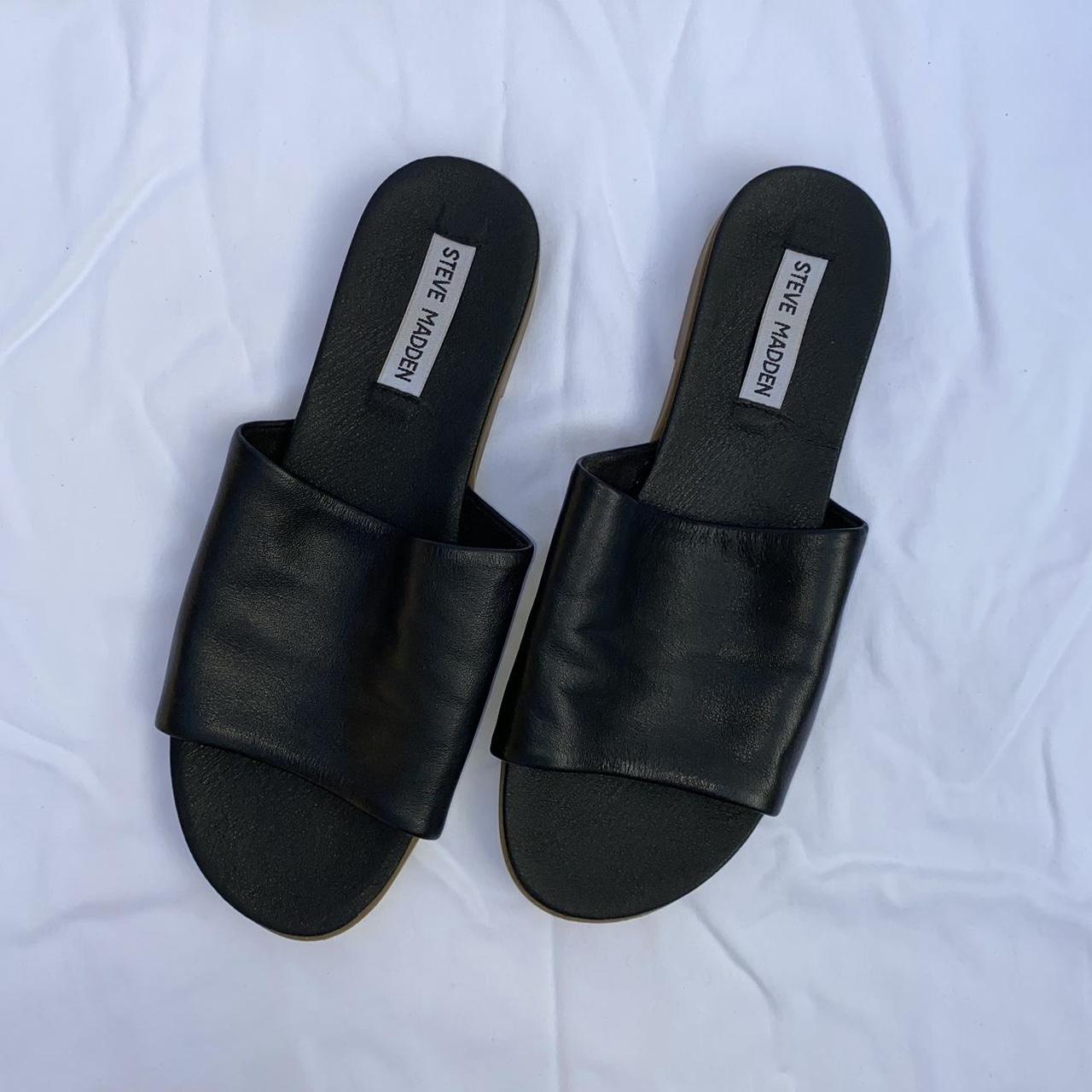 Steve Madden Kaya Black Leather Slides black slide... - Depop