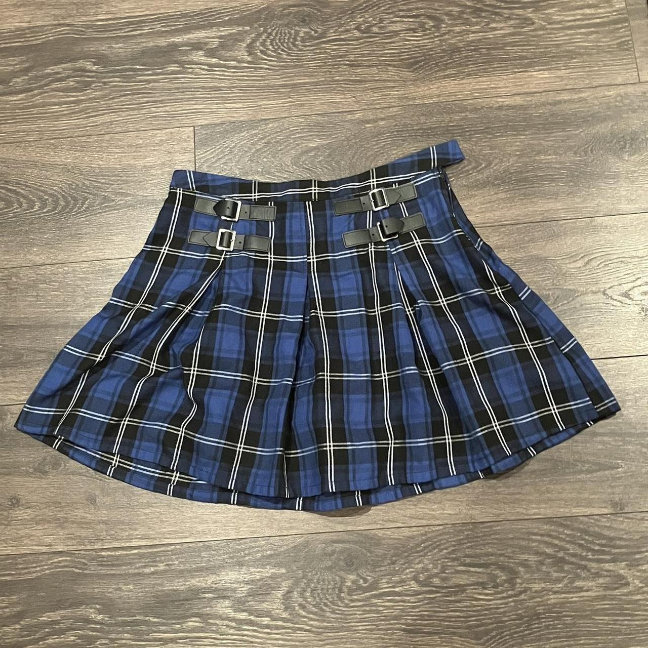 Blue black and white plaid pleated skirt with faux. Depop