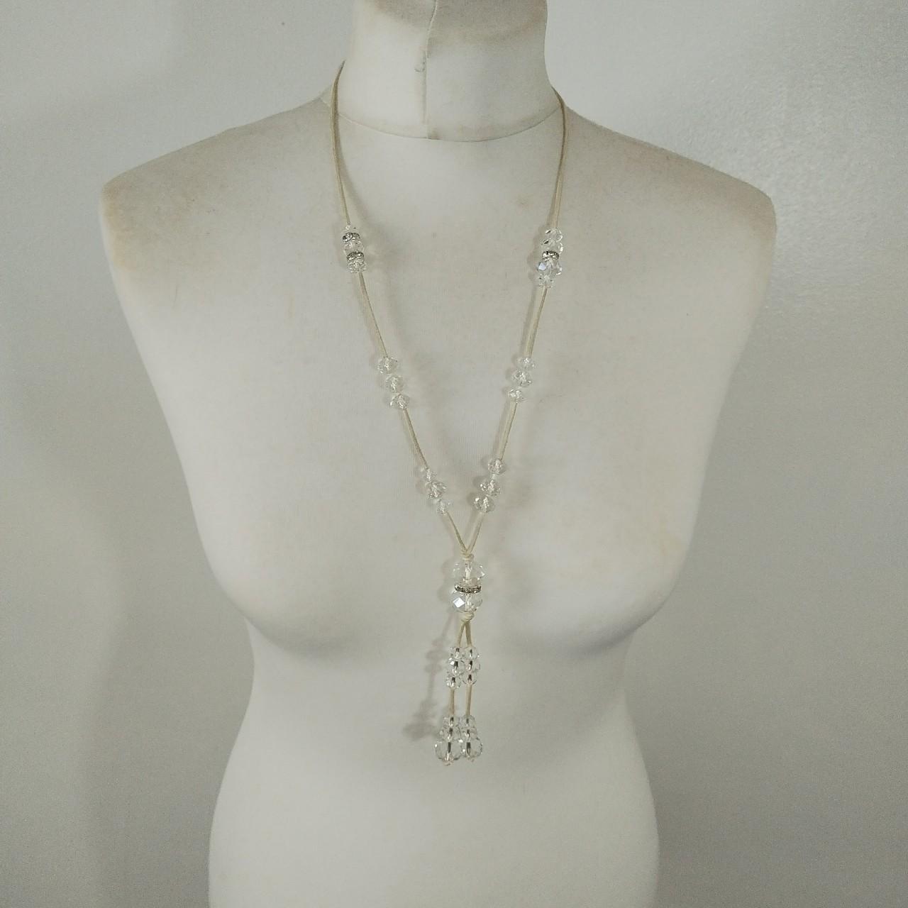 Unusual White Cord And Crystal Long Necklace Glitz... - Depop