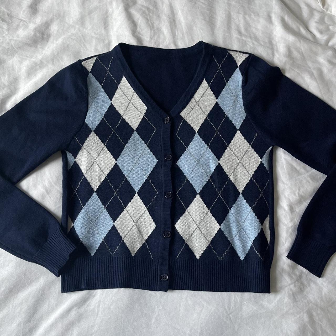 Dark navy blue argyle cardigan button up sweater.... - Depop