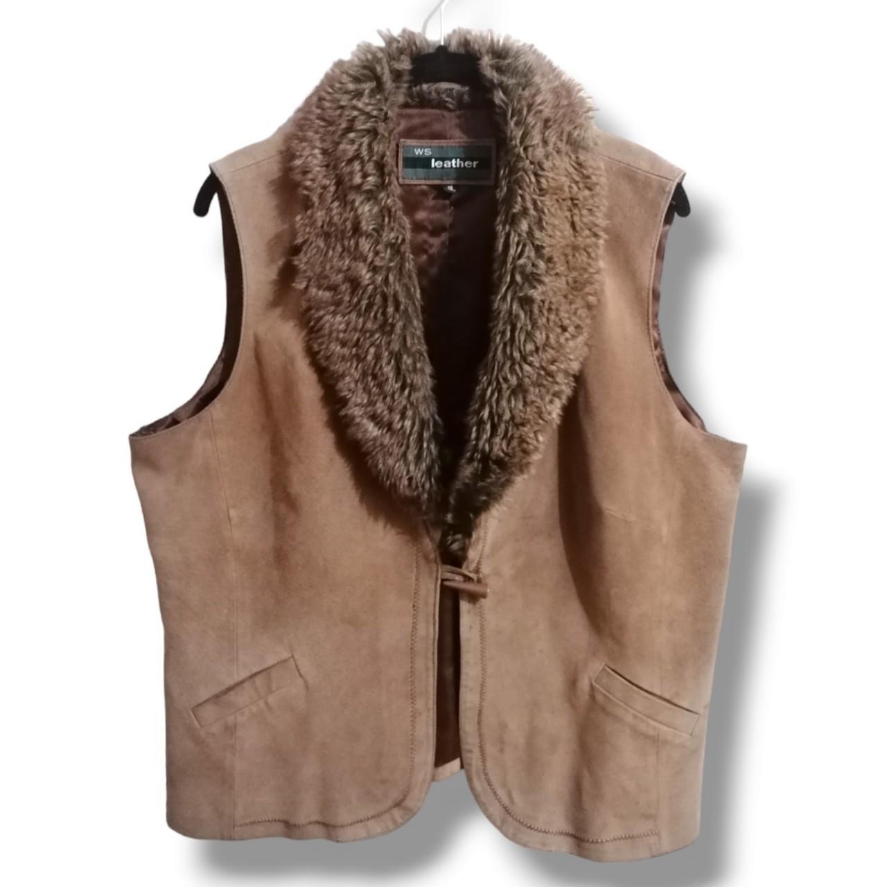 Vintage 2000s tan suede and faux fur collar gilet.... - Depop